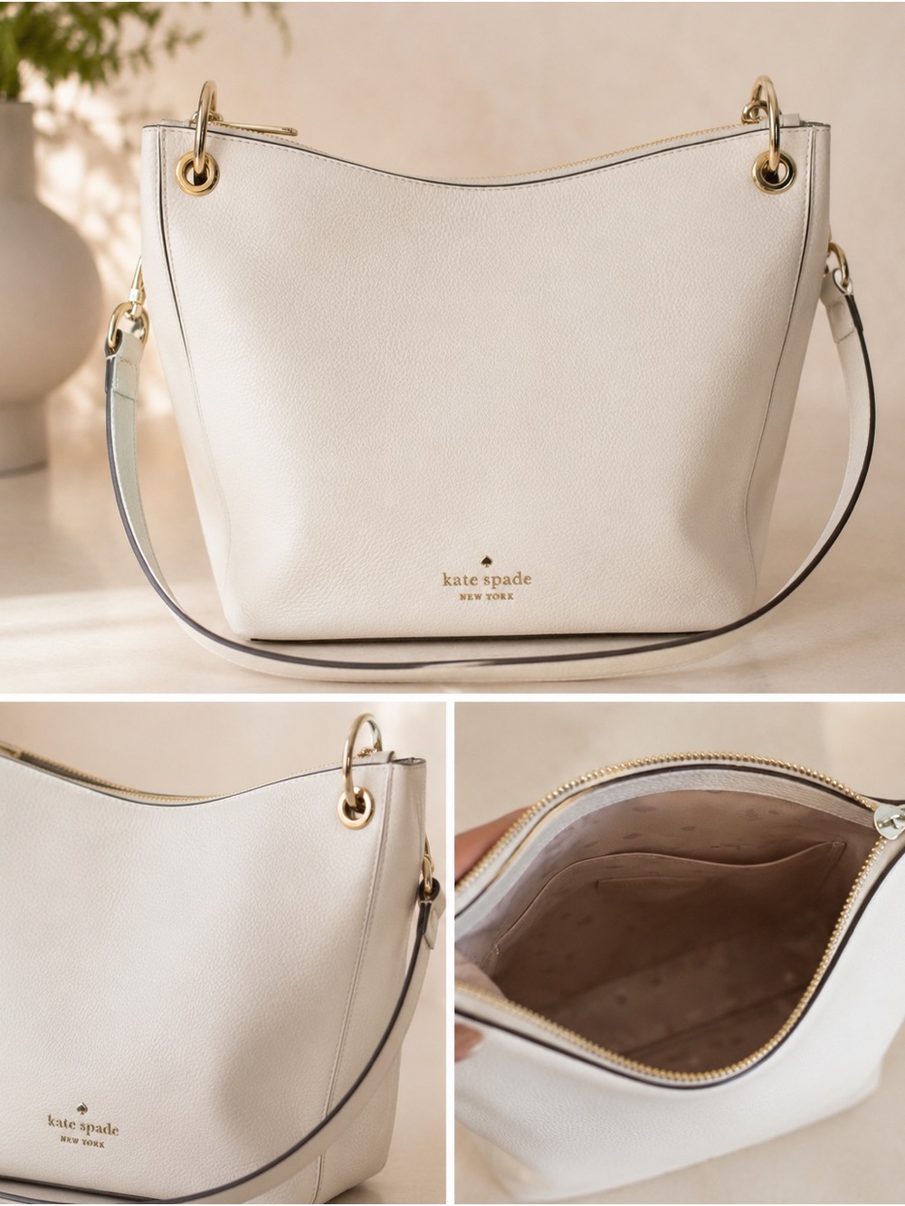kate spade Cream Pebbled Leather Shoulder Bag with Gold Hardware
